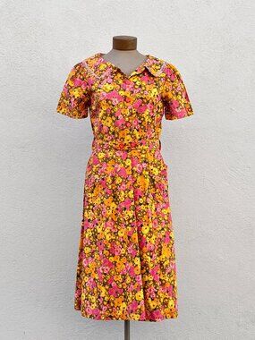 Vintage 50s 60s Handmade Red & Orange Floral Cotton Belted Day Dress